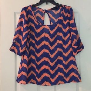 Peaches & Cream quarter sleeve blue and orange top